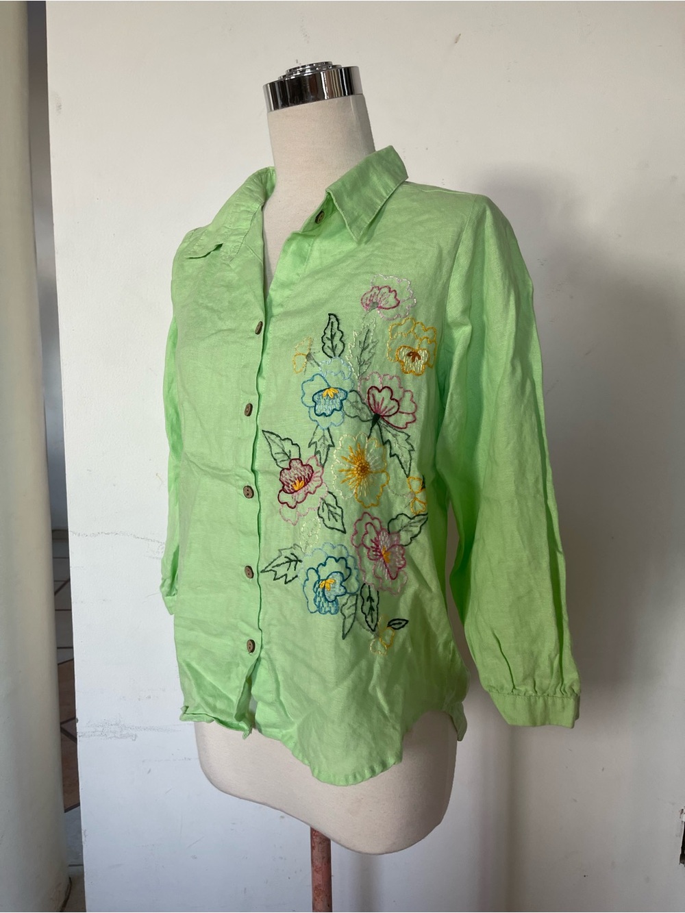 Embroidered Light Green Button-Down Shirt